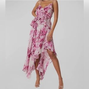 Misa Los Angeles Pink Greta asymmetric ruffle midi Dress XS